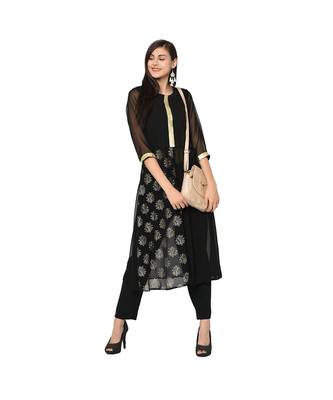 Women's Black Color Flared Foil Print Kurti 1