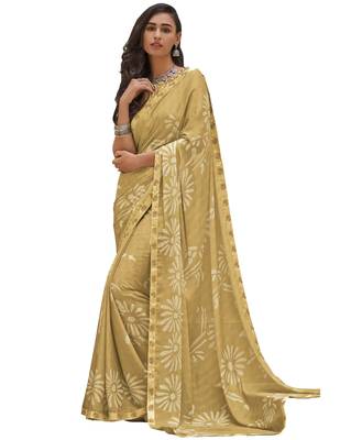 Yellow printed georgette saree with blouse 1