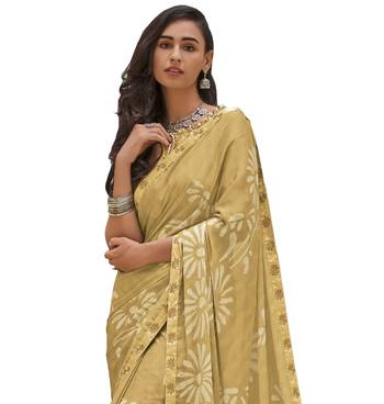 Yellow printed georgette saree with blouse 2