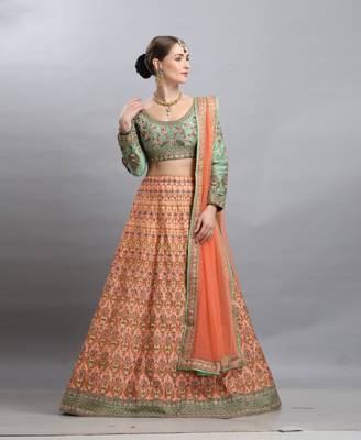 Peach Embroidered Silk Semi Stitched Lehenga 1