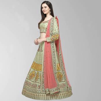 Light Green Embroidered Silk Semi Stitched Lehenga 2