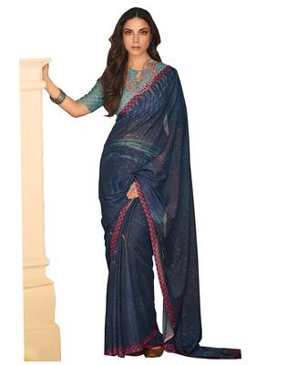  navy blue printed crepe saree with blouse 1
