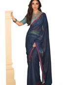  navy blue printed crepe saree with blouse