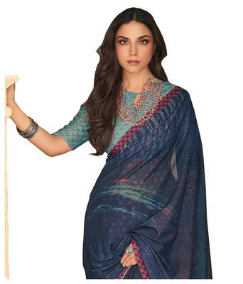  navy blue printed crepe saree with blouse 2