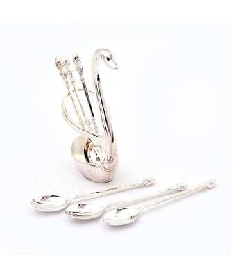 Silver Polished Swan Shaped 6 Spoon Set Stand 307 2
