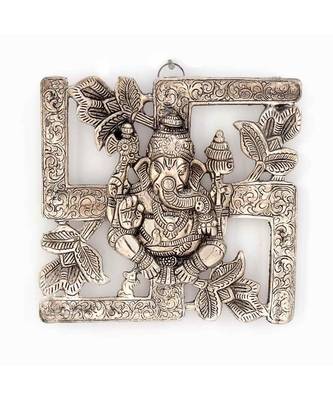 gunnu sales wall decor ganesha hanging - white metal with swastik pattern, 13 x 9 cm 1