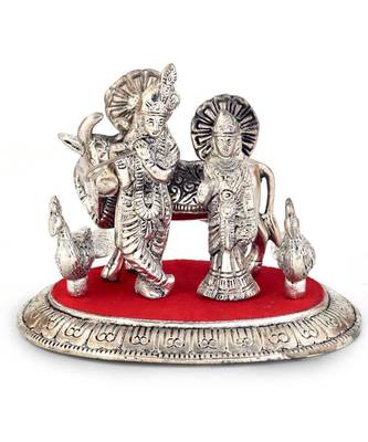 White Metal Lord Radha Krishna Idol with Cow 315 1