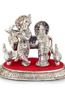 White Metal Lord Radha Krishna Idol with Cow 315