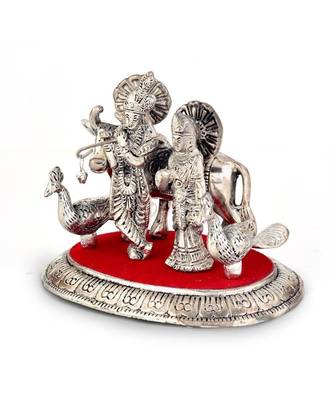 White Metal Lord Radha Krishna Idol with Cow 315 2