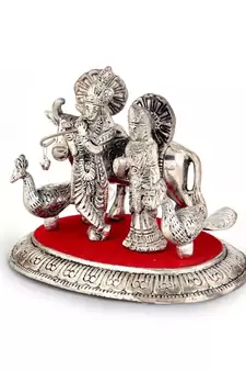 White Metal Lord Radha Krishna Idol with Cow 315