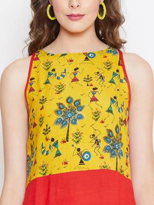 Yellow printed rayon kurtas-and-kurtis 5