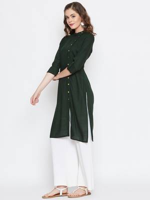 Dark-green plain rayon ethnic-kurtis 4