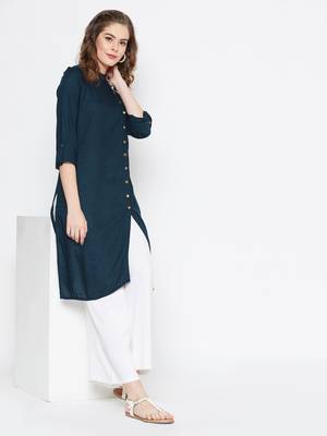 Teal-green plain rayon short-kurtis 1