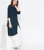 Teal-green plain rayon short-kurtis