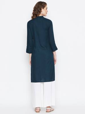 Teal-green plain rayon short-kurtis 3