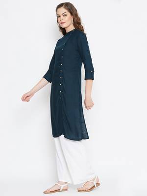 Teal-green plain rayon short-kurtis 4