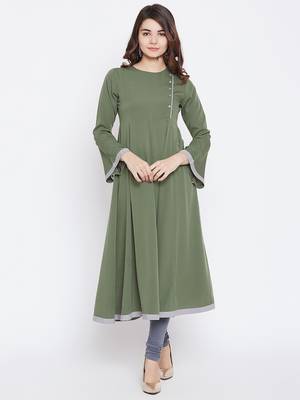 Green plain cotton long-kurtis 2
