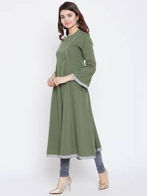 Green plain cotton long-kurtis 4