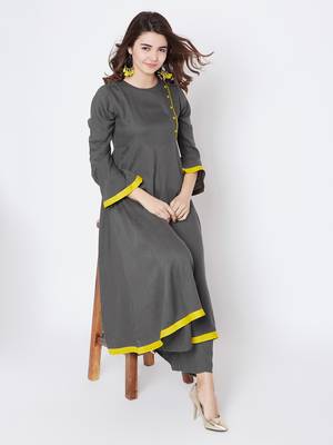 Grey plain cotton long-kurtis 1