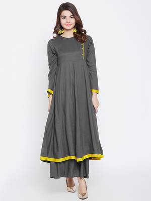 Grey plain cotton long-kurtis 2