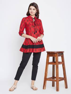 Red printed cotton short-kurtis 1