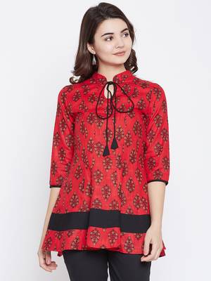 Red printed cotton short-kurtis 2