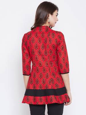Red printed cotton short-kurtis 3