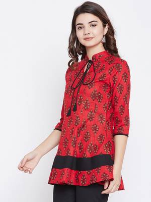 Red printed cotton short-kurtis 4