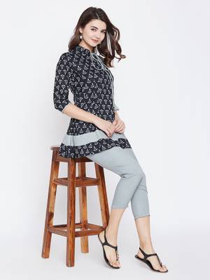 Navy-blue printed rayon short-kurtis 1