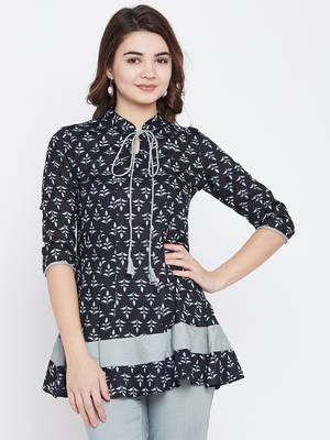 Navy-blue printed rayon short-kurtis 2