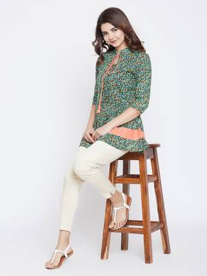 Green printed rayon short-kurtis 1
