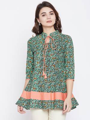 Green printed rayon short-kurtis 2