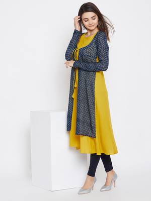Yellow printed rayon ethnic-kurtis 1