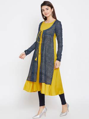 Yellow printed rayon ethnic-kurtis 4