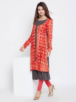 Dark-grey printed rayon ethnic-kurtis 1