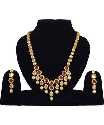 Kundan With Embellished Pearl And Red Gemstone Necklace Set 1
