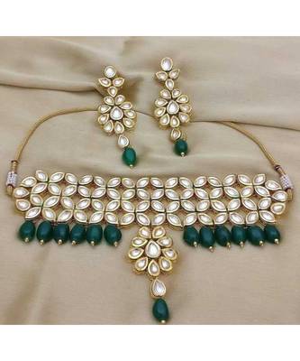 Green Gold Tone Kundan And Onyx Choker Set 1