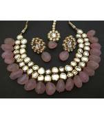 Pink Gold Tone Kundan Inspired Rose Quartz Necklace With Earrings Nad Maangtikka