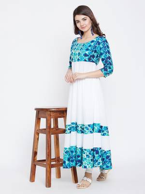 White printed rayon long-kurtis 1
