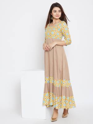 Beige printed rayon long-kurtis 1
