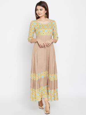 Beige printed rayon long-kurtis 2