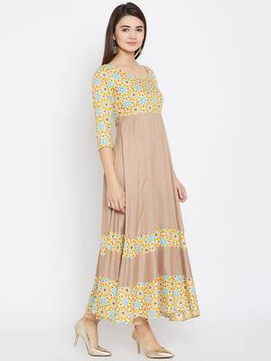 Beige printed rayon long-kurtis 4