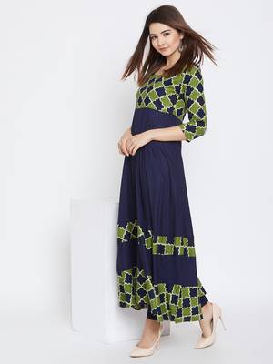 Navy-blue printed rayon long-kurtis 1