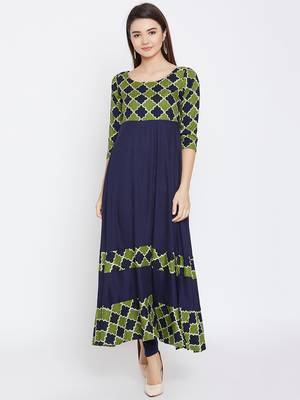 Navy-blue printed rayon long-kurtis 2