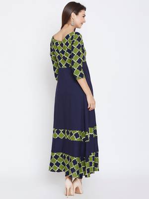 Navy-blue printed rayon long-kurtis 3