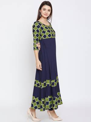 Navy-blue printed rayon long-kurtis 4