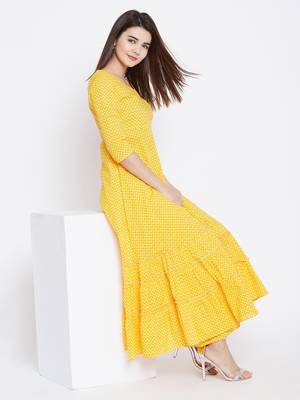 Yellow printed cotton long-kurtis 1