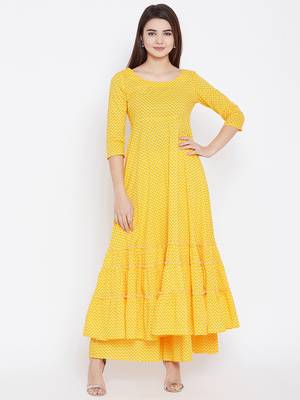 Yellow printed cotton long-kurtis 2
