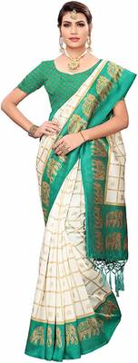 Light green printed cotton silk saree with blouse 2