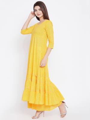 Yellow printed cotton long-kurtis 4